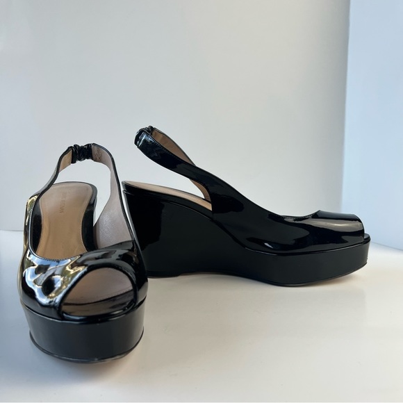 Stuart Weitzman Peep Toe Patent Leather Platform Slingback Wedges - Picture 7 of 12